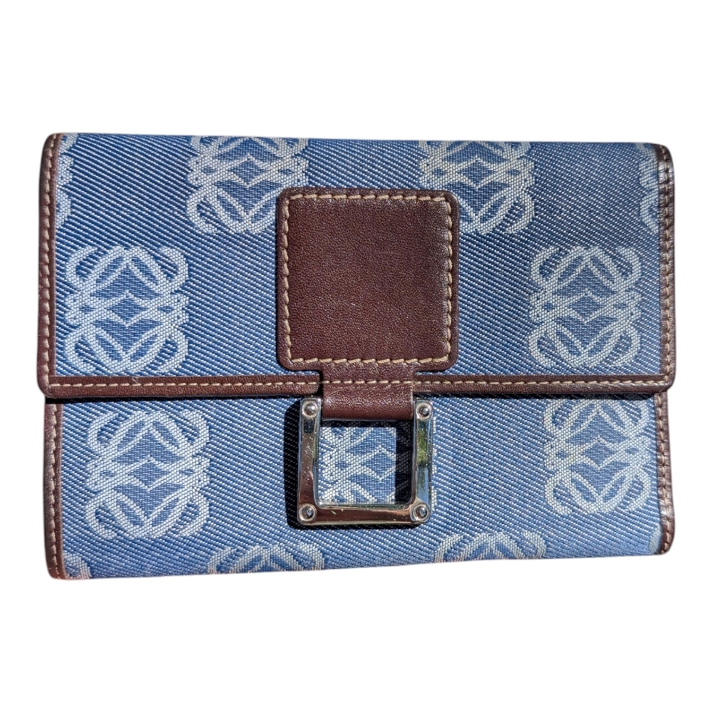Loewe Blue Monogram Canvas Wallet with Brown Leather Trim